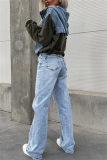 Black Casual Zipper Long Sleeve Washed Denim Patchwork Hooded Sweatshirt