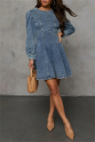 Black Casual O Neck Long Sleeve Pleated Denim Mini Dresses