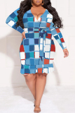 Reddish Brown Casual Plaid Floral Print Lace Up V Neck Long Sleeve Ruffle Hem Vacation Plus Size Bodycon Midi Dresses