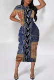 Dark Blue Casual Faux Denim Print O Neck Short Sleeve Bodycon Maxi T-shirt Dress