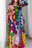 Orange Red Casual Graphics Print O Neck Long Sleeve Straight Loose Plus Size Maxi Dresses
