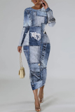 Dark Blue Casual Faux Denim Print Contrast O Neck Long Sleeve Bodycon Maxi Dresses