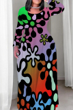 Orange Red Casual Graphics Print O Neck Long Sleeve Straight Loose Plus Size Maxi Dresses