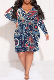 Reddish Brown Casual Plaid Floral Print Lace Up V Neck Long Sleeve Ruffle Hem Vacation Plus Size Bodycon Midi Dresses