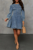 Black Casual O Neck Long Sleeve Pleated Denim Mini Dresses