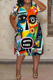 Colorful Casual Graphics Print V Neck Short Sleeve Loose Pockets Midi T-Shirt Dress