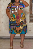 Colorful Casual Graphics Print V Neck Short Sleeve Loose Pockets Midi T-Shirt Dress