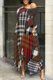 Brown Casual Plaid Geometric Print O Neck 3/4 Sleeve Pocket Irregular Hem Loose Vacation Maxi Dresses