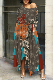 Brown Casual Plaid Geometric Print O Neck 3/4 Sleeve Pocket Irregular Hem Loose Vacation Maxi Dresses