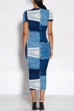 Dark Blue Casual Faux Denim Print O Neck Short Sleeve Bodycon Maxi T-shirt Dress