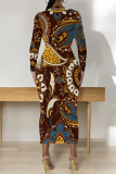Brown Casual National Totem Print O Neck Long Sleeve Wrapped Skirt Bodycon Midi Dress