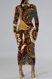 Brown Casual National Totem Print O Neck Long Sleeve Wrapped Skirt Bodycon Midi Dress