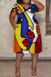 Colorful Casual Graphics Print V Neck Short Sleeve Loose Pockets Midi T-Shirt Dress