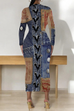 Dark Blue Casual Faux Denim Print Contrast O Neck Long Sleeve Bodycon Maxi Dresses