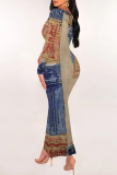 Dark Blue Casual Faux Denim Print Contrast U Neck Long Sleeve Bodycon Maxi Dresses