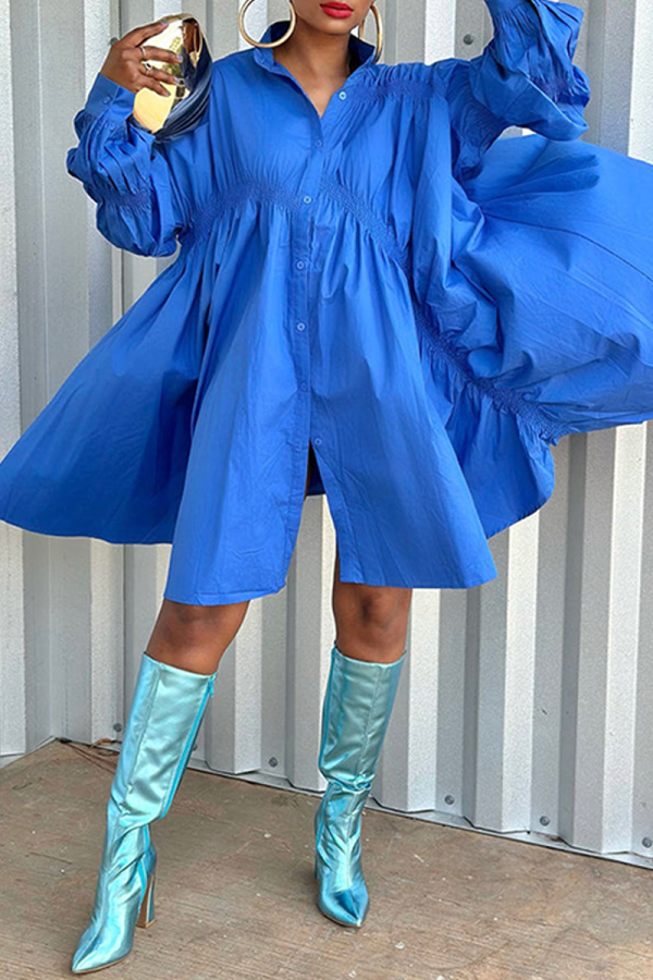 Blue Casual Shirt Collar Lantern Sleeve Buttons Vacation Pleated Ruched Shirt Midi Dresses