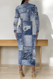 Dark Blue Casual Faux Denim Print Contrast O Neck Long Sleeve Bodycon Maxi Dresses