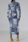 Dark Blue Casual Faux Denim Print Contrast O Neck Long Sleeve Bodycon Maxi Dresses