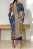 Dark Blue Casual Faux Denim Print Contrast O Neck Long Sleeve Bodycon Maxi Dresses