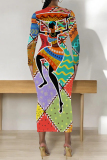 Brown Casual National Totem Print O Neck Long Sleeve Wrapped Skirt Bodycon Midi Dress