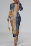 Dark Blue Casual Faux Denim Print Contrast O Neck Long Sleeve Bodycon Maxi Dresses