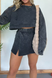 Rose Red Casual O Neck Long Sleeve Velvet Crop Sweatshirt And Slit Mini Skirt Sportwear Two Pieces Dress Sets