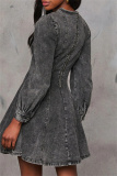 Black Casual O Neck Long Sleeve Pleated Denim Mini Dresses