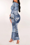 Dark Blue Casual Faux Denim Print Contrast U Neck Long Sleeve Bodycon Maxi Dresses