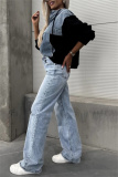 Black Casual Zipper Long Sleeve Washed Denim Patchwork Hooded Sweatshirt