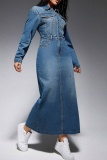 Blue Street Turndown Collar Long Sleeve Pocket Buckle Straight Denim Maxi Dresses