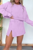 Rose Red Casual O Neck Long Sleeve Velvet Crop Sweatshirt And Slit Mini Skirt Sportwear Two Pieces Dress Sets