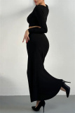 Black Casual O Neck Long Sleeve Crop Tops And Maxi Skirt Formal Party Evening Two Pieces Dress Sets