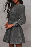Black Casual O Neck Long Sleeve Pleated Denim Mini Dresses