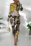 Brown Casual National Totem Print O Neck Long Sleeve Wrapped Skirt Bodycon Midi Dress