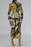 Brown Casual National Totem Print O Neck Long Sleeve Wrapped Skirt Bodycon Midi Dress