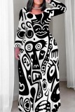 Orange Red Casual Graphics Print O Neck Long Sleeve Straight Loose Plus Size Maxi Dresses