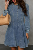 Black Casual O Neck Long Sleeve Pleated Denim Mini Dresses
