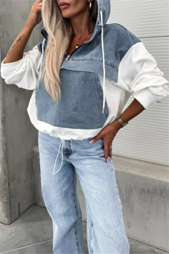 Black Casual Zipper Long Sleeve Washed Denim Patchwork Hooded Sweatshirt