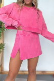 Rose Red Casual O Neck Long Sleeve Velvet Crop Sweatshirt And Slit Mini Skirt Sportwear Two Pieces Dress Sets