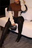 Brown High Neck Long Sleeve Casual Outing Streetwear Zip-Up Knit Patchwork Cropped Jacket Fall Winter Women's Outerwear