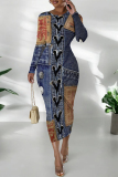 Dark Blue Casual Faux Denim Print Contrast O Neck Long Sleeve Bodycon Maxi Dresses