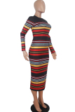Red Striped Long Sleeve Bodycon Knit Midi Sweater Dress for Everyday Autumn Winter Outfit