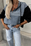 Black Casual Zipper Long Sleeve Washed Denim Patchwork Hooded Sweatshirt