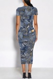 Dark Blue Casual Faux Denim Print O Neck Short Sleeve Bodycon Maxi T-shirt Dress