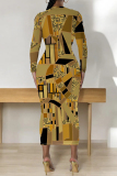 Brown Casual National Totem Print O Neck Long Sleeve Wrapped Skirt Bodycon Midi Dress