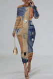 Dark Blue Casual Faux Denim Print Contrast O Neck Long Sleeve Bodycon Maxi Dresses
