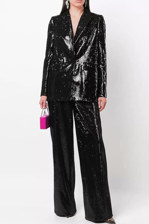 White Casual Sequins Turn-back Collar Long Sleeve Blazer Jackets And Wide Leg Pants Formal Party Evening Two Pieces Trouser Sets