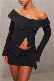 Black Casual Off Shoulder Long Sleeve Buttons Crop Tops And Mini Skirt Night Club Two Pieces Dress Sets