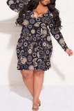 Reddish Brown Casual Plaid Floral Print Lace Up V Neck Long Sleeve Ruffle Hem Vacation Plus Size Bodycon Midi Dresses