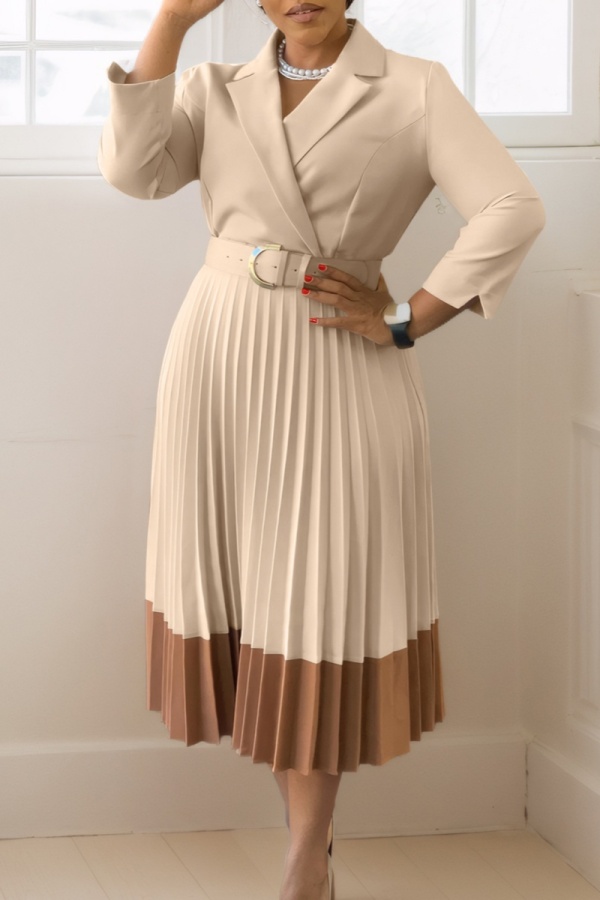 Yellow Casual Turndown Collar Long Sleeve With Belt Formal Office Lady Pleated Hem Blazer Midi Dresses